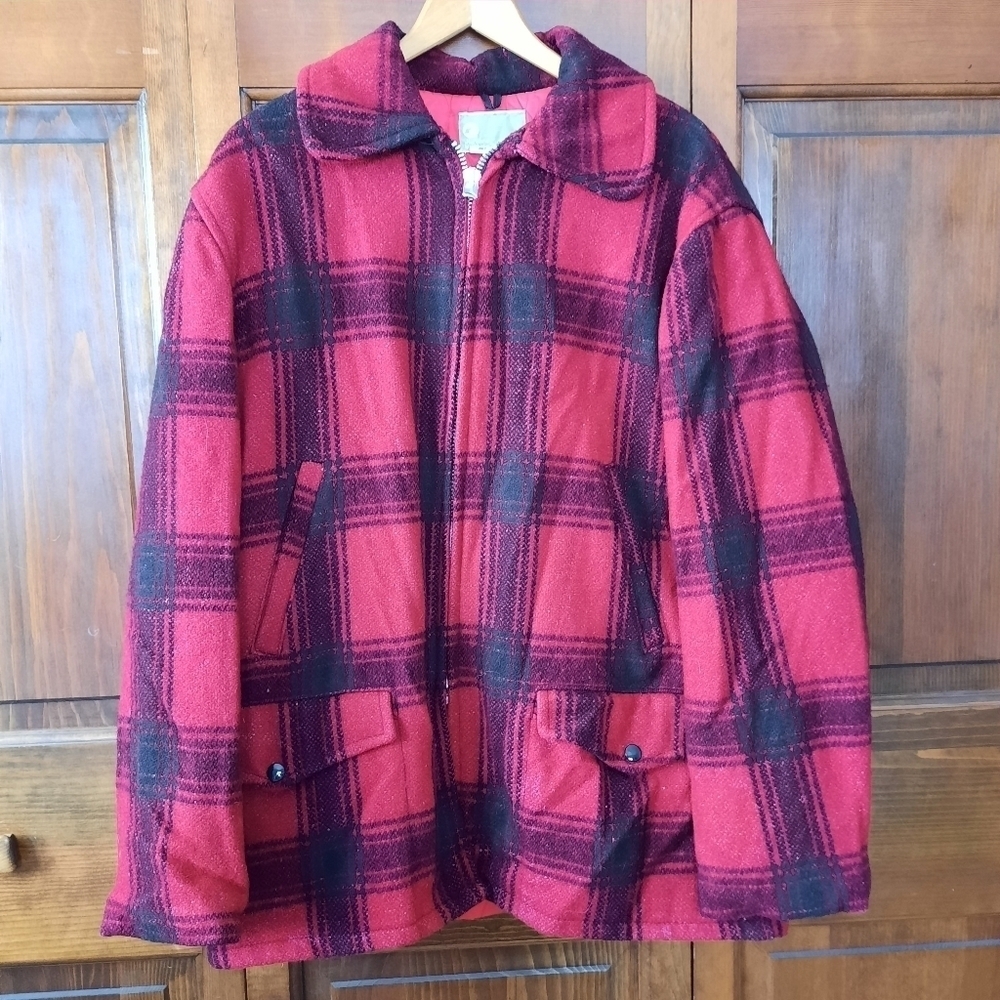 Vintage JCPenney Hunting Apparel wool red black buffalo check plaid coat